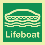 Sticker met IMO pictogram en tekst van een reddingsboot