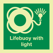 Fotoluminescerende sticker met IMO pictogram en tekst reddingsboei met licht