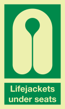 Fotoluminescerende sticker met IMO pictogram en tekst reddingsvest onder de stoelen