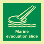 Fotoluminescerende sticker met IMO pictogram en tekst evacuatie glijbaan