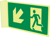 Haaks bord met pictogram en pijl naar beneden naar de muur toe links/rechts