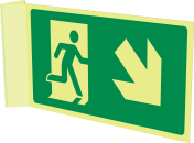 Haaks bord met pictogram en pijl naar beneden van de muur af links/rechts