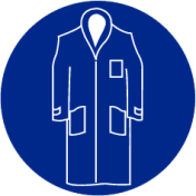 Blauwe sticker met pictogram om aan te duiden dat het dragen van een overjas verplicht is