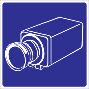Blauwe spiegelbeeld sticker met pictogram camera voor het aanduiden van camerabewaking