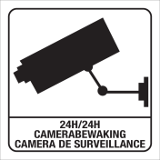 Witte sticker met pictogram voor aanduiden 24h camerabewaking