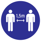 Blauwe sticker met pictogram om aan te duiden dat men 1,5mtr afstand tot anderen moet houden