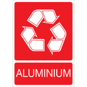 Rode sticker met pictogram voor het recyclen en afvalscheiden van aluminium