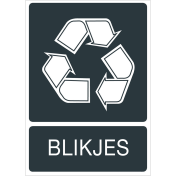 Donkergrijze sticker met pictogram voor het recyclen en afvalscheiden van blikjes