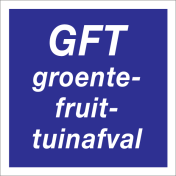 Blauwe sticker met tekst voor afvalscheiding van GFT