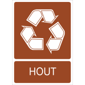 Bruine sticker met pictogram voor het recyclen en afvalscheiden van hout