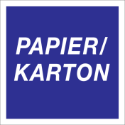 Blauwe sticker met pictogram voor afvalscheiding van papier en karton