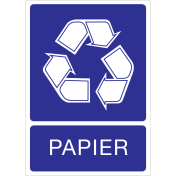 Blauwe sticker met pictogram voor het recyclen en afvalscheiden van papier