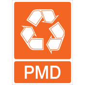 Oranje sticker met pictogram voor het recyclen en afvalscheiden van plastic metalen en drankkarton