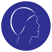 Blauwe sticker met pictogram om aan te duiden dat een badmuts verplicht is