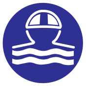 Blauwe sticker met pictogram om aan te duiden dat het dragen van een badmuts verplicht is