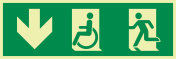 Fotoluminescerende sticker met pictogram nooduitgang naar beneden beperkte mobiliteit ISO 7010