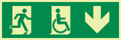 Fotoluminescerende sticker met pictogram nooduitgang naar beneden beperkte mobiliteit ISO 7010