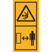 Machinemarkering sticker waarschuwing "Bewegende Delen, afstand houden tot machine" volgens ISO 11684