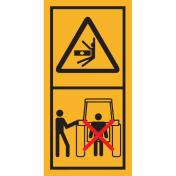 Machinemarkering sticker waarschuwing "Bewegende Delen, niet achter trekstang (Bediening links)" volgens ISO 11684