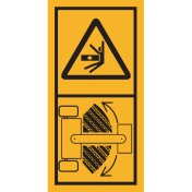Machinemarkering sticker waarschuwing "Bewegende Delen, niet in scharniergebied begeven" volgens ISO 11684