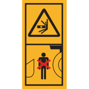 Machinemarkering sticker waarschuwing "Bewegende Delen, niet tussen in gaan staan" volgens ISO 11684