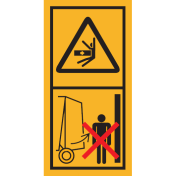 Machinemarkering sticker waarschuwing "Bewegende delen, blijf buiten het zwenk bereik van de balen pers)" volgens ISO 11684