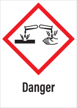 Sticker met pictogram "Bijtende Stoffen" en signaalwoord "Danger" - GHS 05