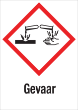 Sticker met pictogram "Bijtende Stoffen" en signaalwoord "Gevaar" - GHS 05