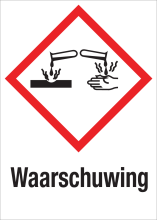 Sticker met pictogram "Bijtende Stoffen" en signaalwoord "Waarschuwing" - GHS 05