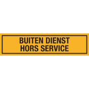 Gele sticker met tekst Buitendienst, hors service