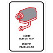 Sticker met pictogram voor het aanduiden van camerabewaking volgens wet 21-03-07 met eigen tekst