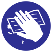 Blauwe sticker met pictogram oppervlak ontsmetten