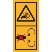 Machinemarkering sticker waarschuwing "Draaiende Delen, Knel gevaar voor vingers en handen - roterende tandwielen" volgens ISO 11684