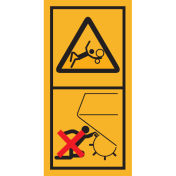 Machinemarkering sticker waarschuwing "Draaiende Delen, Gevaar voor arm bij roterende rollen, Knelgevaar Balenpers of Opraapwagen" volgens ISO 11684