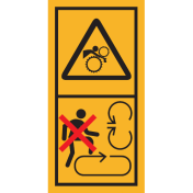 Machinemarkering sticker waarschuwing "Draaiende Delen, Gevaar voor hand en arm, Niet op Laadvloer gaan staan" volgens ISO 11684