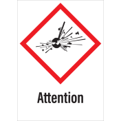 Sticker met pictogram "Explosieve Stoffen" en signaalwoord "Attention" - GHS 01