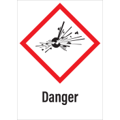 Sticker met pictogram "Explosieve Stoffen" en signaalwoord "Danger" - GHS 01