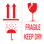 Sticker met pictogrammen Fragile, keep dry, this side up