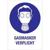 Sticker met pictogram en tekst om aan te duiden dat een gasmasker verplicht is