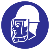 Blauwe sticker met pictogram om aan te duiden dat gelaatsbescherming verplicht is