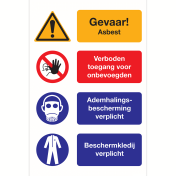 Sticker met pictogrammen en tekst Gevaar Asbest