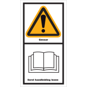 Sticker met pictogram en tekst "Gevaar, Eerst Handleiding Lezen"
