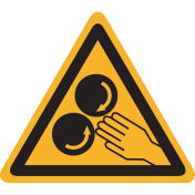 Sticker met pictogram "Gevaar voor handen - roterende rollen"