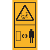Machinemarkering sticker waarschuwing "Gevaar voor overrijden door maaier of tractor, veilige afstand tot machine houden" volgens ISO 11684
