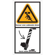 Sticker met pictogram en tekst "Gevaar voor zakkende delen - eerst steun plaatsen"