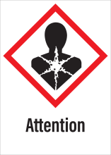 Sticker met pictogram "Gezondheidsgevaar" en signaalwoord "Attention" - GHS 08