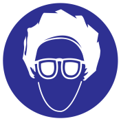 Blauwe sticker met pictogram om aan te duiden dat een haarnet en oogbescherming verplicht is