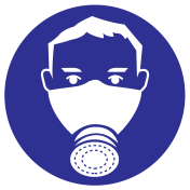 Blauwe sticker met pictogram om aan te duiden dat het dragen van een halfgelaatsmasker verplicht is