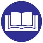 Blauwe sticker met pictogram om aan te duiden dat het raadplegen van de handleiding verplicht is