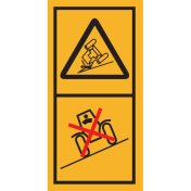 Machinemarkering sticker waarschuwing "Gevaar voor kantelen, niet op schuine helling rijden" volgens ISO 11684